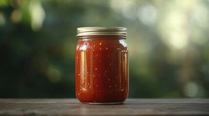 A glass jar filled with a red thick sauce on wood