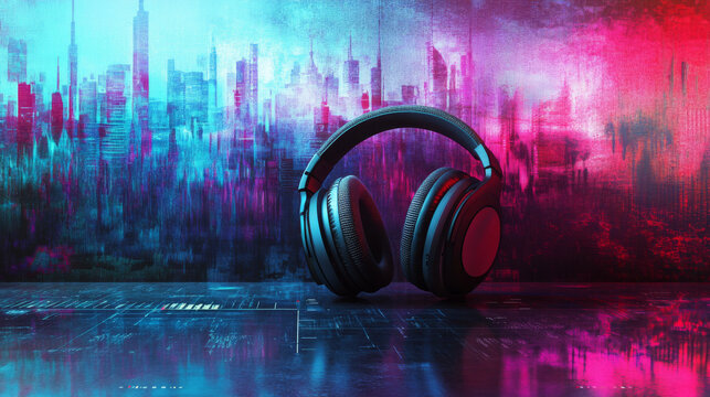 Sound spectrogram displayed on a monitor next to a set of headphones, representing audio editing or production