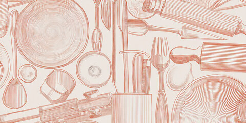 Top view of orange line art kitchenware: plates, spoons, forks, knives, rolling pin, on beige background.  Illustrative food design, perfect for menu or recipe background