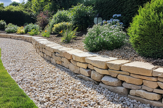 Serene garden path stone wall tranquil landscaping design - Powered by Adobe