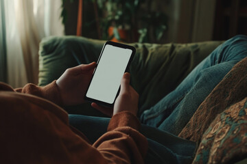 Relaxing at home scrolling phone blank screen cozy sweater