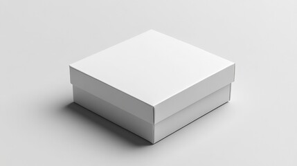 Isometric view of a blank, square white box with a lid on a gray background. Use for product packaging, branding, e-commerce, or design blogs/sites needing a clean mockup template.