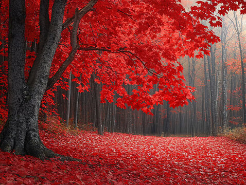  serene autumnal scene with a pathway lined by trees adorned with vibrant red leaves. The ground is covered in fallen leaves, creating a picturesque and tranquil atmosphere. - Powered by Adobe