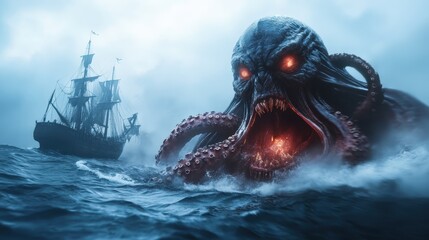 A massive tentacled creature emerges from the turbulent sea, threatening a distant sailing ship in a dramatic, fog-filled ocean landscape that evokes feelings of fear.