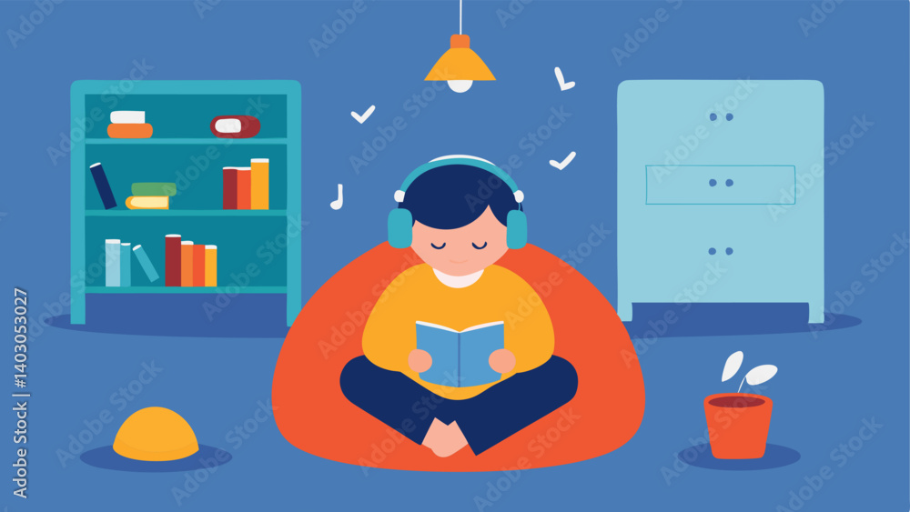 Poster Relaxation Zone An inviting reading nook in the classroom featuring bean bags and soft pillows where children can take a break with one child using noisecanceling headphones.