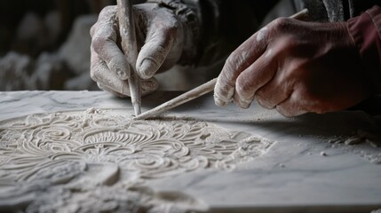 Stone carver etching intricate details into a marble slab. Featuring craftsmanship and tradition