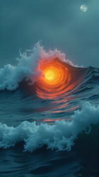 Fiery vortex sunset over ocean waves under moonlit sky. makara,vasuki,shesha,kala nag,samudra manthan,asura rahu India