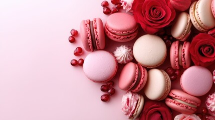 Obraz premium An exquisite array of pink and red macarons, artfully arranged with vibrant roses, captures the essence of indulgence and romance, suitable for celebrating special moments.
