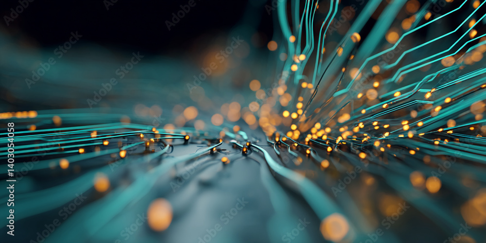 Poster abstract image of teal lines and gold lights, creating a dynamic, interconnected network, showcasing