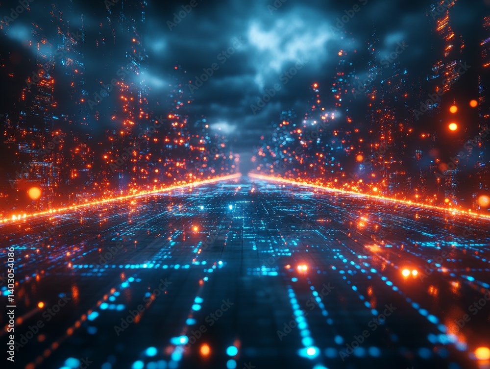 Poster futuristic cityscape data flow: abstract digital network with glowing lights and lines, representing