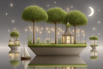 Obraz premium A fantasy nature realm with floating eco-islands powered by wind and magic sustaining nature in balance