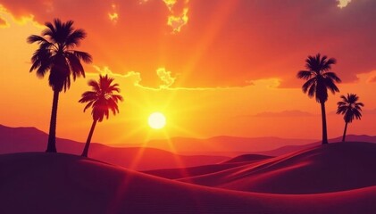 Silhouetted palms at sunset, desert sand dunes , arid, palm trees, nature