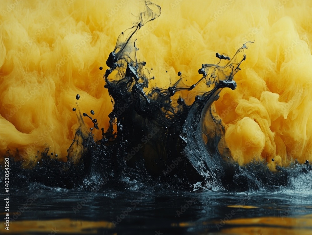 Poster ink collision: abstract fusion of black liquids and golden yellow hues in a mesmerizing underwater d