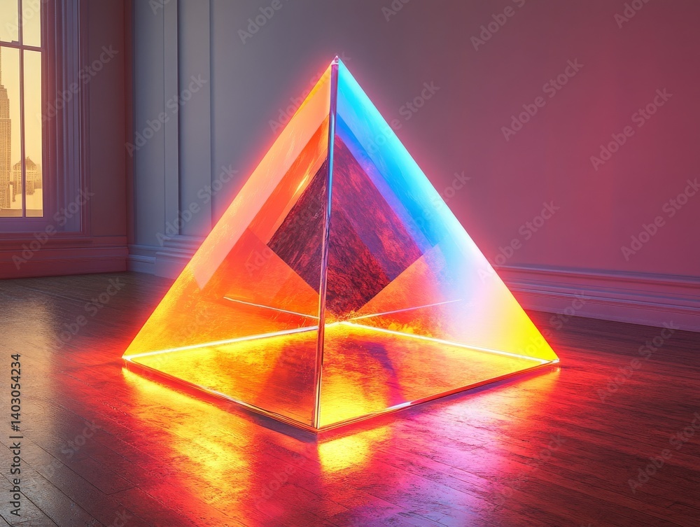 Poster illuminated prism: a vivid display of light and form, standing resplendent against a muted backdrop 
