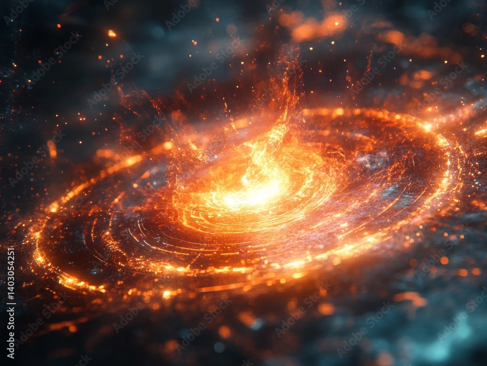 Poster intense cosmic swirl: a fiery portal to another dimension, revealing the energetic dance of particle
