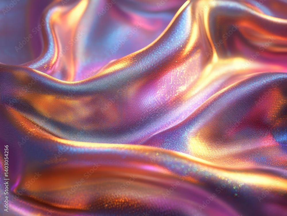 Poster iridescent fabric waves: abstract texture with shimmering colors, delicate folds and light reflectio