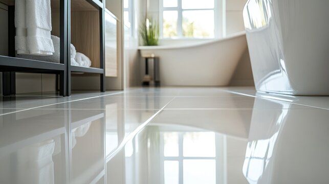 A bright and modern bathroom interior with clean surfaces displayed