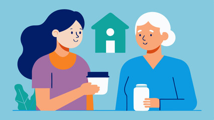 Fototapeta premium Home Health Visit A nurse or healthcare professional visiting an elderly person at home discussing medications or health routines symbolizing professional support.