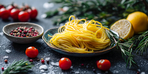 Close-up of yellow pasta on a plate, surrounded by cherry tomatoes, rosemary, lemon, and peppercorns, showcasing fresh Italian ingredients, ideal for culinary or food blog concepts