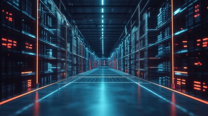 Fototapeta premium Futuristic data center corridor, glowing servers, digital architecture, cybersecurity concept