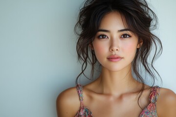 Portrait of a woman with light skin, big eyes, and messy updo hairstyle