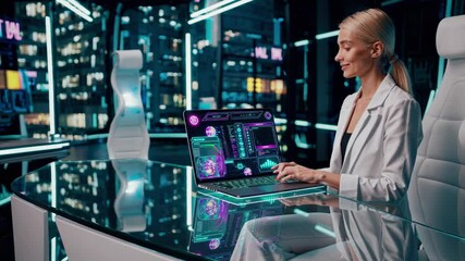 Female scientist using a holographic futuristic laptop in a laboratory with digital screens and advanced technology, working on innovative research and scientific development - Powered by Adobe