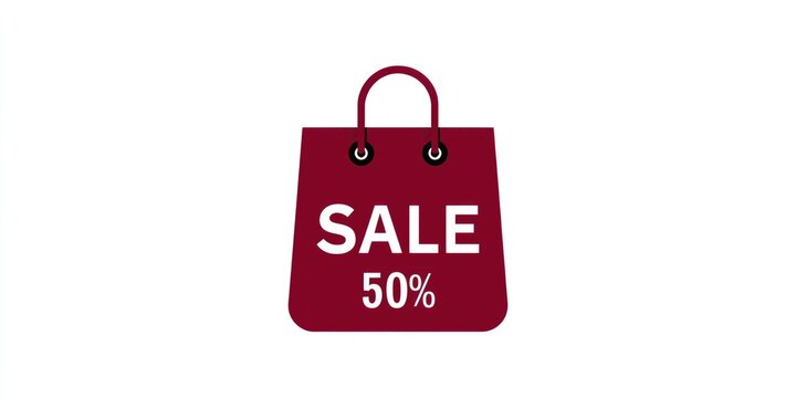 The burgundy shopping bag icon features white text ‘SALE’ and ‘50%’ on white background for online shop promotions,retail discount offers and e-commerce marketing materials.