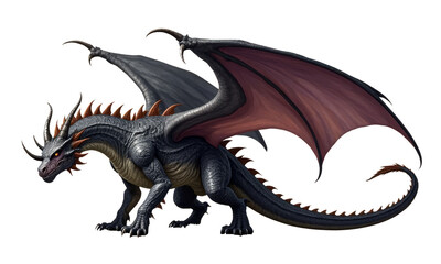 Horned Dragon, Gray Scales, Red Wings, Transparent Background..