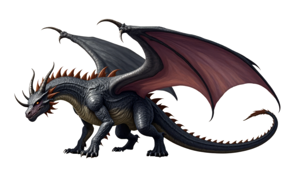 Horned Dragon, Gray Scales, Red Wings, Transparent Background..