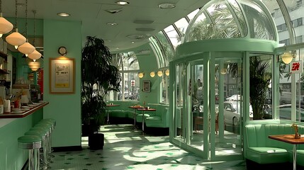 Obraz premium Stylish Interior of a Cafe with Transparent Dome Roof and Vintage Decor Elements