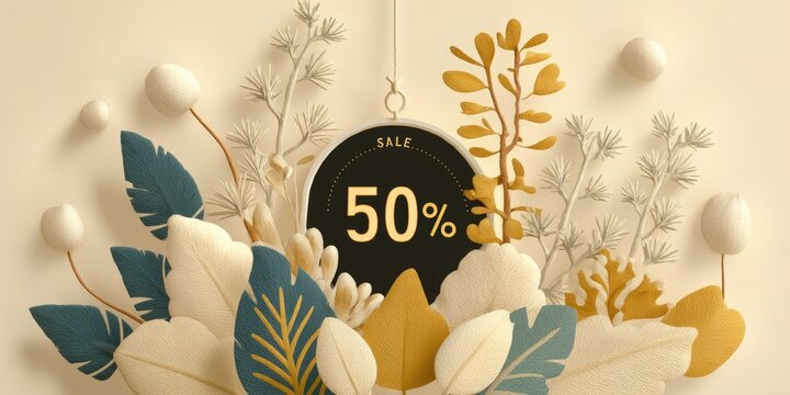 This image features a black circle with "SALE 50%" text, surrounded by paper-cut leaves and plants in muted tones, ideal for websites and blogs advertising sales, promotions, and seasonal discounts.

