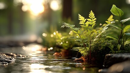 Sunlit stream, lush ferns, tranquil forest scene