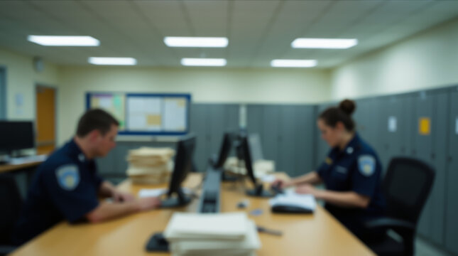A blurry image of a police department's routine with paperwork and data analysis