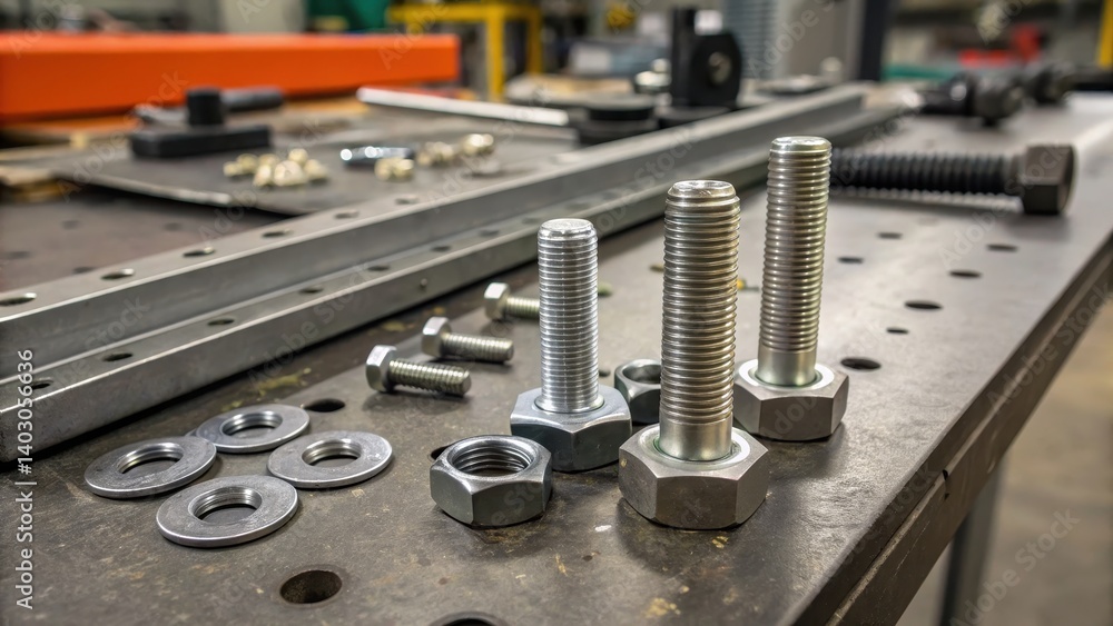 Poster mechanical assembly manufacturing fastening concept. close-up of bolts and nuts on a metallic workbe