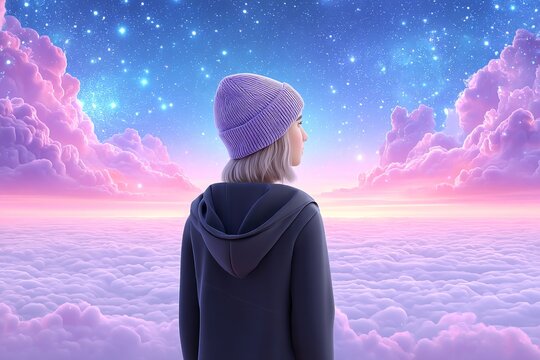 A person staring at the sky, remembering a loved one, with a soft glow of light