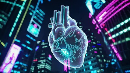 Transparent, glowing, futuristic human heart hologram floats above a city at night, suggesting advancements in medical technology, diagnostics, and healthcare in a cyberpunk urban environment - Powered by Adobe