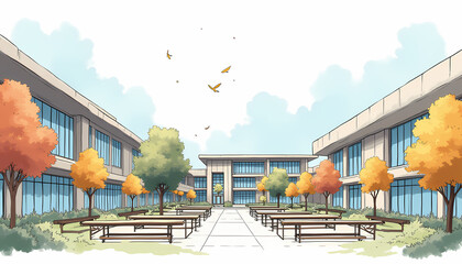 A colorful illustration of a school courtyard featuring autumn trees and a beautiful landscape.
