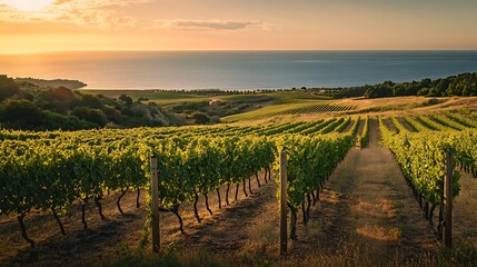 Fototapeta premium Vineyard Landscape at Sunset with Ocean View Green Rows