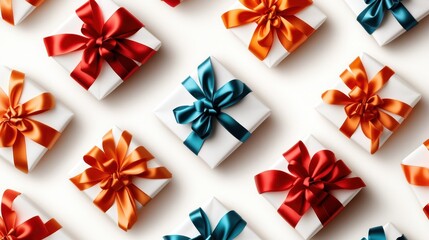 A collection of beautifully wrapped gift boxes arranged neatly, adorned with vibrant ribbons, creating an enticing and festive display suitable for various celebrations.