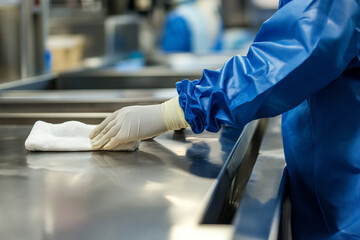 Person in blue scrubs carefully cleaning a stainless steel surface with a white cloth