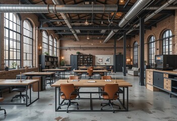  Spacious Industrial Style Coworking Space with Brick Walls, High Ceilings, Large Windows, and Modern Desks