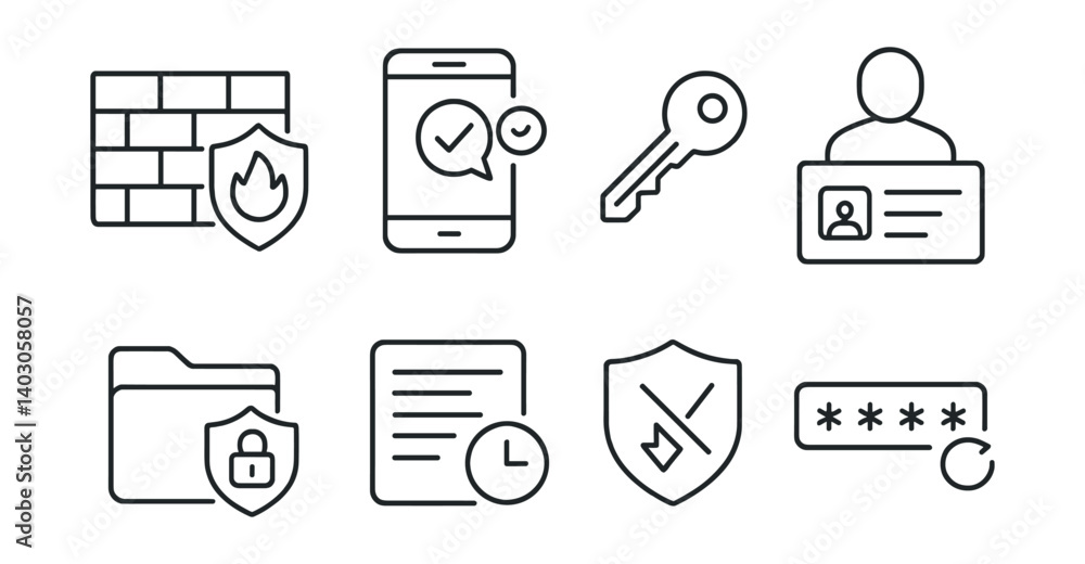 Poster set of 8 icons: firewall with clock, smartphone with pie chart, key, id badge, folder with lock, doc