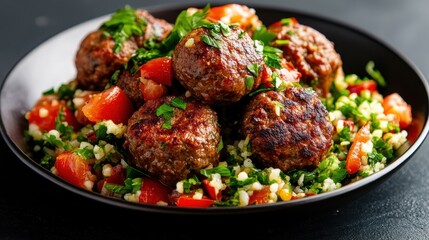 A delicious serving of juicy meatballs atop a colorful salad made with fresh herbs, tomatoes, and grains, perfect for a healthy meal or appetizing food presentation.