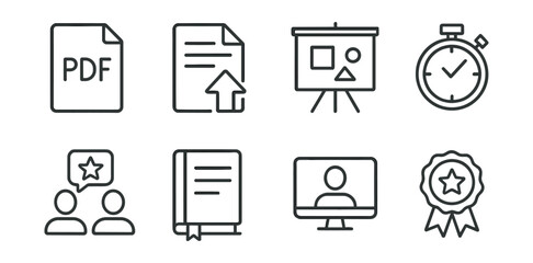 Set of icons: PDF document, file upload, presentation board, stopwatch, group of people, notebook, video call, award badge.