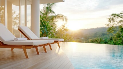 Fototapeta premium An elegant poolside lounge area with comfortable sun loungers, providing a relaxing retreat to enjoy the breathtaking sunrise surrounded by lush greenery.