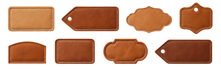 Leather Tags PNG, Brown Stitched Labels, Transparent Background.