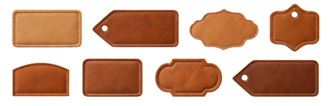 Leather Tags PNG, Brown Stitched Labels, Transparent Background.