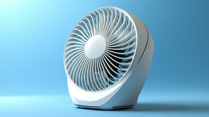 A modern white electric fan sitting on a blue surface
