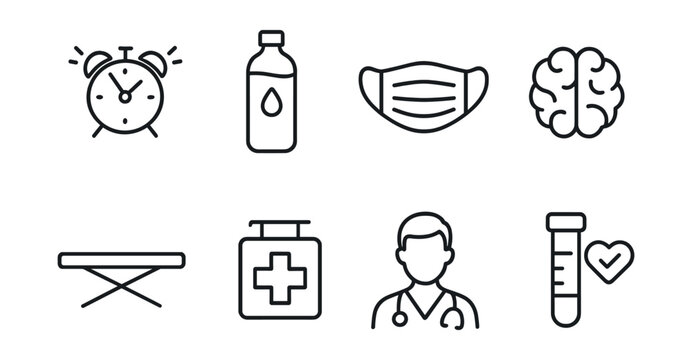 Set of icons: alarm clock, water bottle, face mask, brain, ironing board, medical box, doctor, test tube with heart.