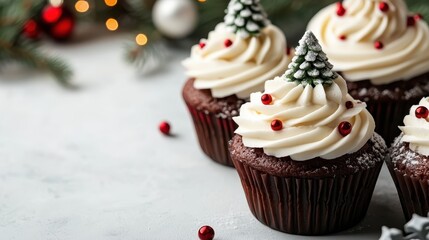 Charming winter-themed cupcakes showcasing small frosted trees and red accents on fluffy white frosting, ideal for holiday parties and winter celebrations.